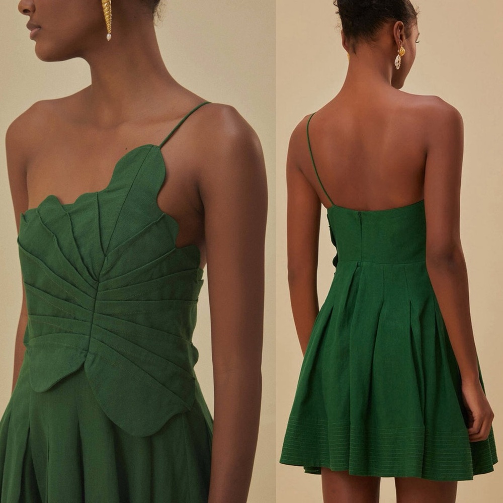 Farm Rio One-Shoulder Lea Mini Dress Green Linen Blend Size Medium - Picture 13 of 16